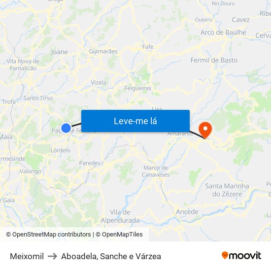 Meixomil to Aboadela, Sanche e Várzea map