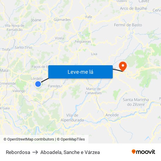 Rebordosa to Aboadela, Sanche e Várzea map