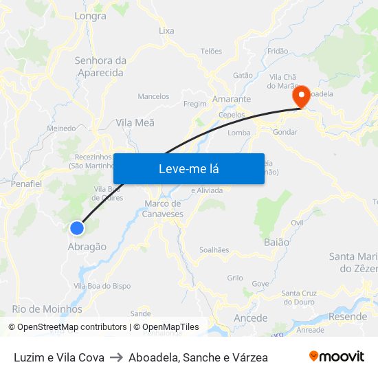 Luzim e Vila Cova to Aboadela, Sanche e Várzea map