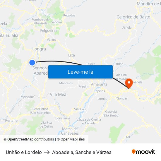 Unhão e Lordelo to Aboadela, Sanche e Várzea map