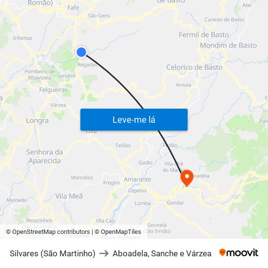 Silvares (São Martinho) to Aboadela, Sanche e Várzea map