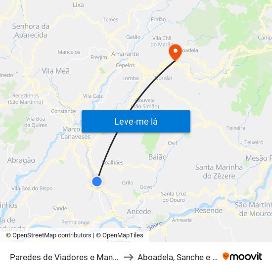 Paredes de Viadores e Manhuncelos to Aboadela, Sanche e Várzea map