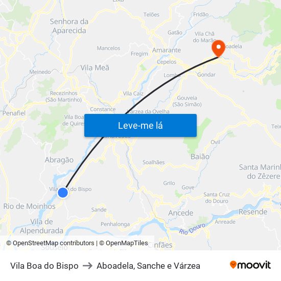 Vila Boa do Bispo to Aboadela, Sanche e Várzea map