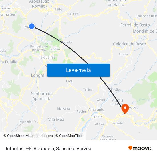 Infantas to Aboadela, Sanche e Várzea map
