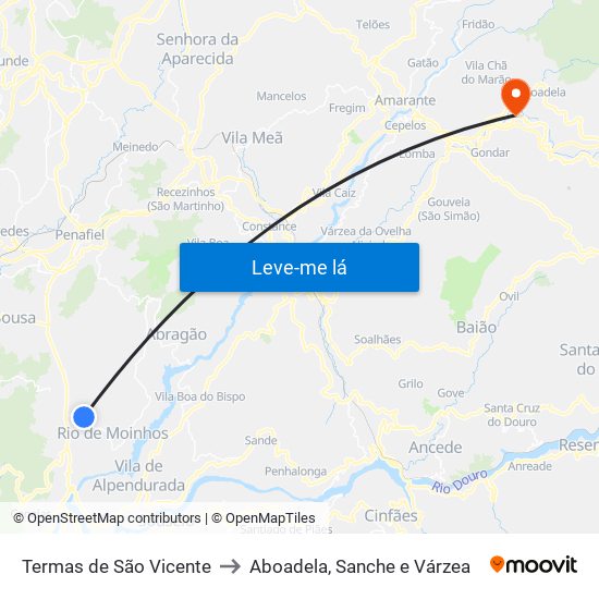 Termas de São Vicente to Aboadela, Sanche e Várzea map