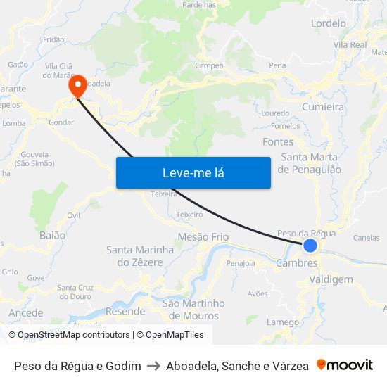 Peso da Régua e Godim to Aboadela, Sanche e Várzea map