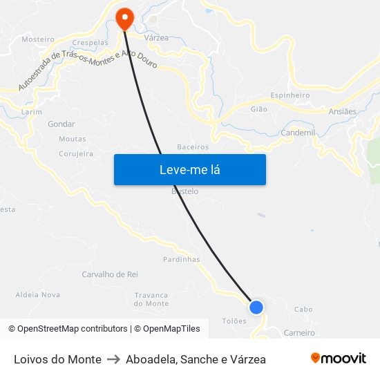 Loivos do Monte to Aboadela, Sanche e Várzea map