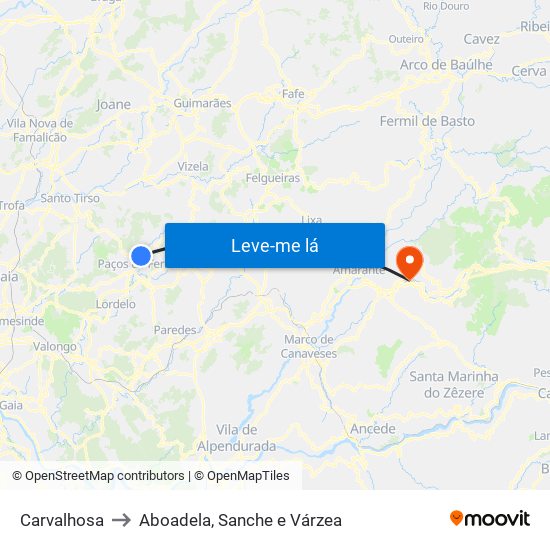 Carvalhosa to Aboadela, Sanche e Várzea map