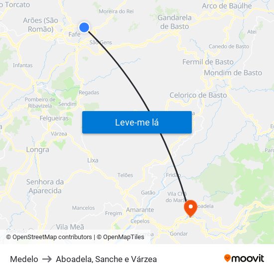 Medelo to Aboadela, Sanche e Várzea map