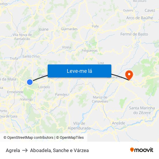 Agrela to Aboadela, Sanche e Várzea map