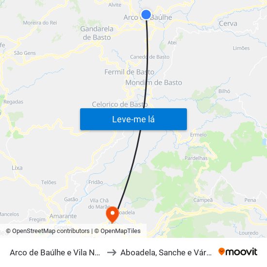 Arco de Baúlhe e Vila Nune to Aboadela, Sanche e Várzea map