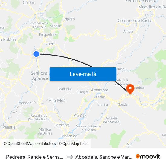 Pedreira, Rande e Sernande to Aboadela, Sanche e Várzea map