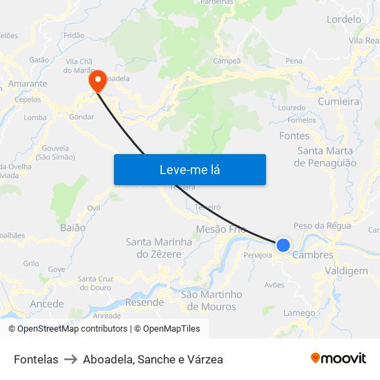 Fontelas to Aboadela, Sanche e Várzea map