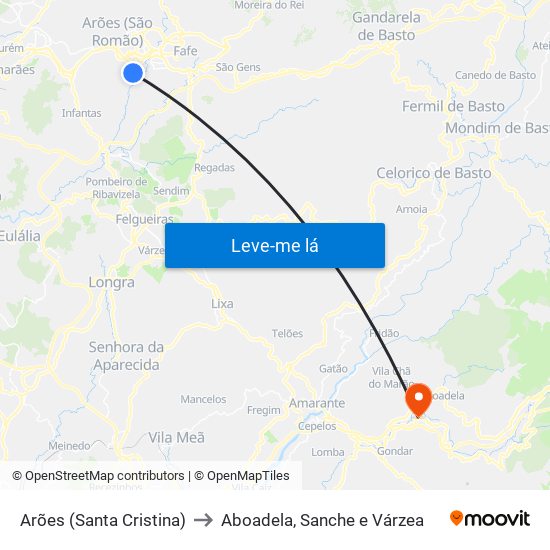 Arões (Santa Cristina) to Aboadela, Sanche e Várzea map