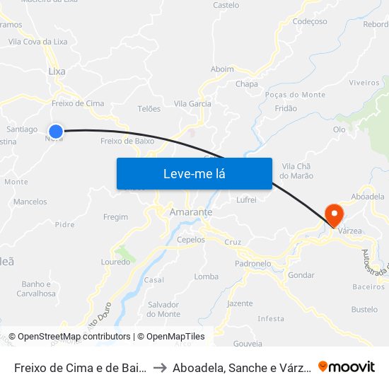Freixo de Cima e de Baixo to Aboadela, Sanche e Várzea map