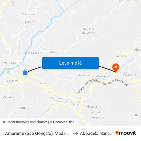 Amarante (São Gonçalo), Madalena, Cepelos e Gatão to Aboadela, Sanche e Várzea map