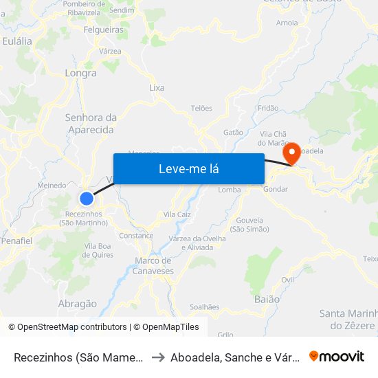 Recezinhos (São Mamede) to Aboadela, Sanche e Várzea map