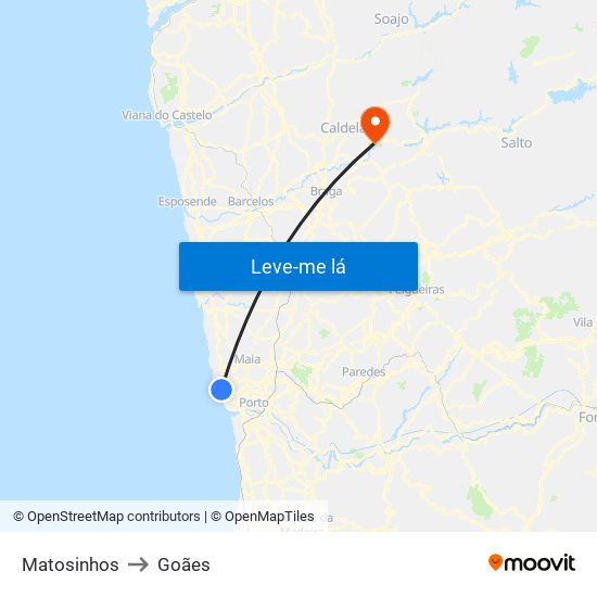Matosinhos to Goães map