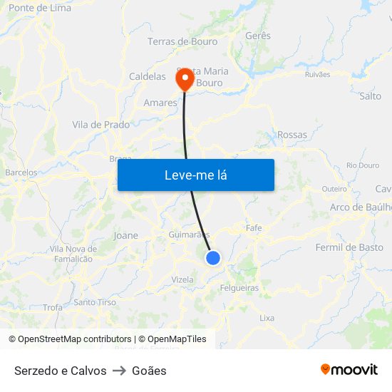 Serzedo e Calvos to Goães map