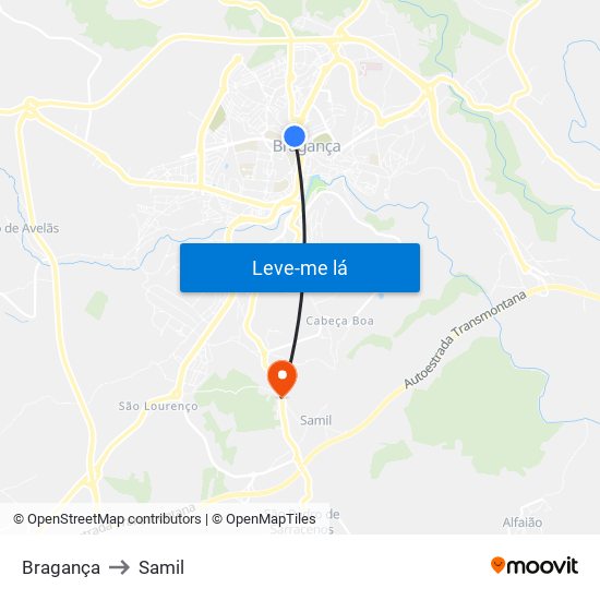 Bragança to Samil map