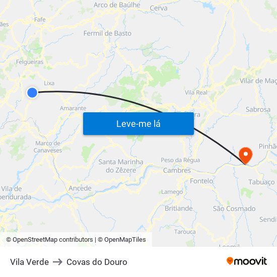 Vila Verde to Covas do Douro map