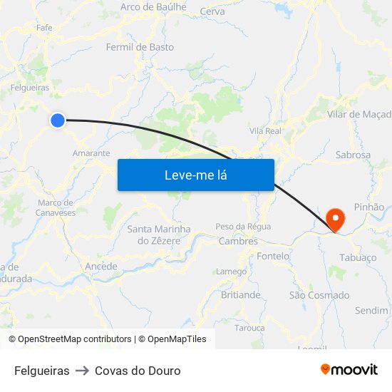 Felgueiras to Covas do Douro map