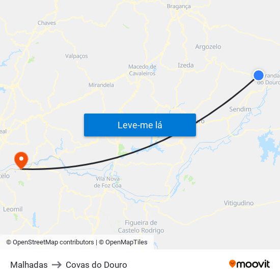 Malhadas to Covas do Douro map