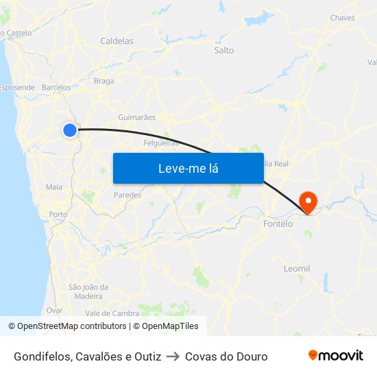Gondifelos, Cavalões e Outiz to Covas do Douro map
