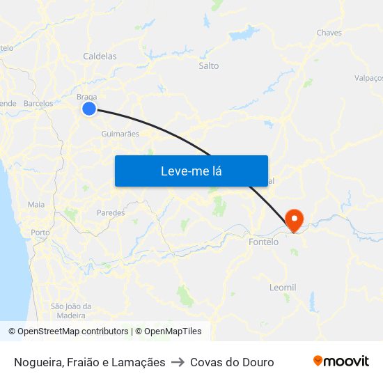 Nogueira, Fraião e Lamaçães to Covas do Douro map