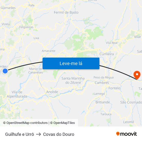Guilhufe e Urrô to Covas do Douro map