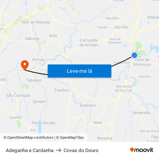 Adeganha e Cardanha to Covas do Douro map