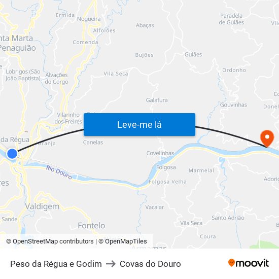 Peso da Régua e Godim to Covas do Douro map