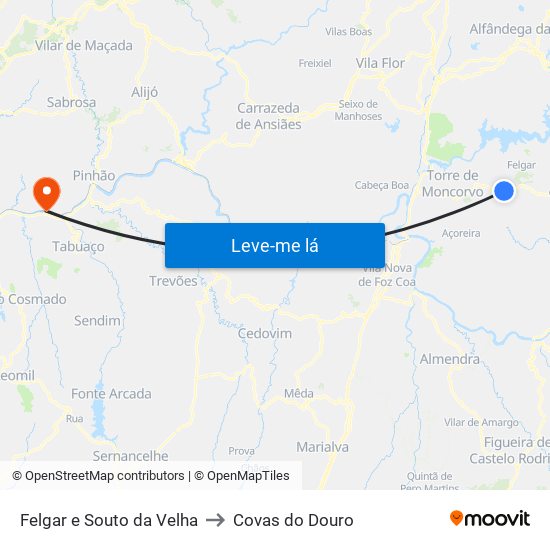 Felgar e Souto da Velha to Covas do Douro map
