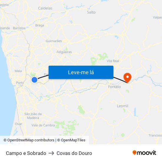 Campo e Sobrado to Covas do Douro map