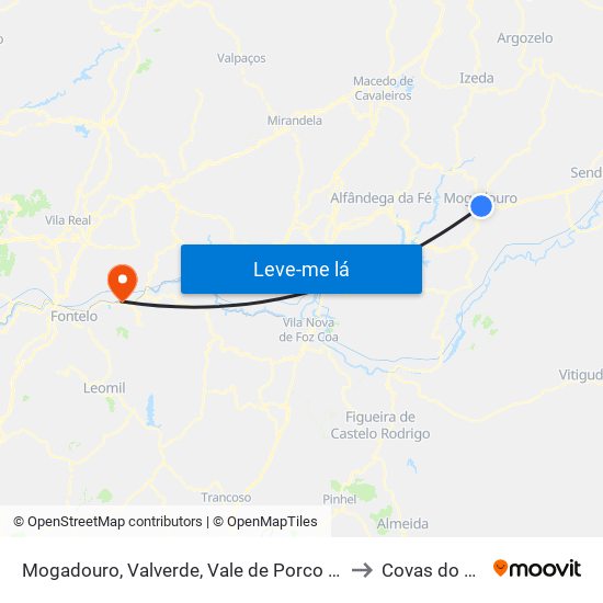 Mogadouro, Valverde, Vale de Porco e Vilar de Rei to Covas do Douro map