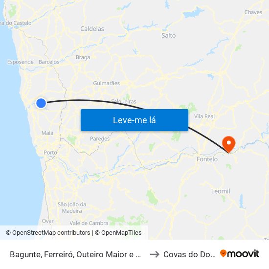 Bagunte, Ferreiró, Outeiro Maior e Parada to Covas do Douro map