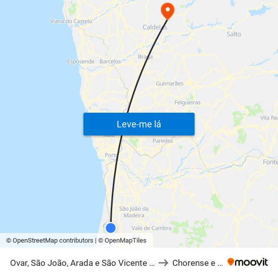 Ovar, São João, Arada e São Vicente de Pereira Jusã to Chorense e Monte map