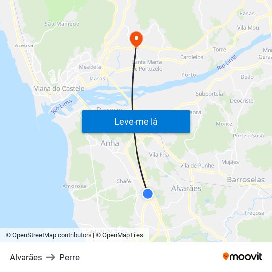 Alvarães to Perre map