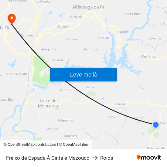 Freixo de Espada À Cinta e Mazouco to Roios map