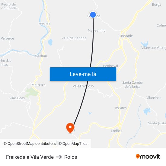 Freixeda e Vila Verde to Roios map