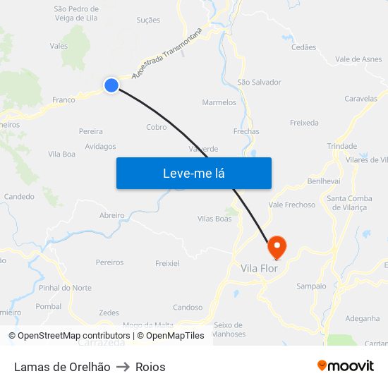 Lamas de Orelhão to Roios map