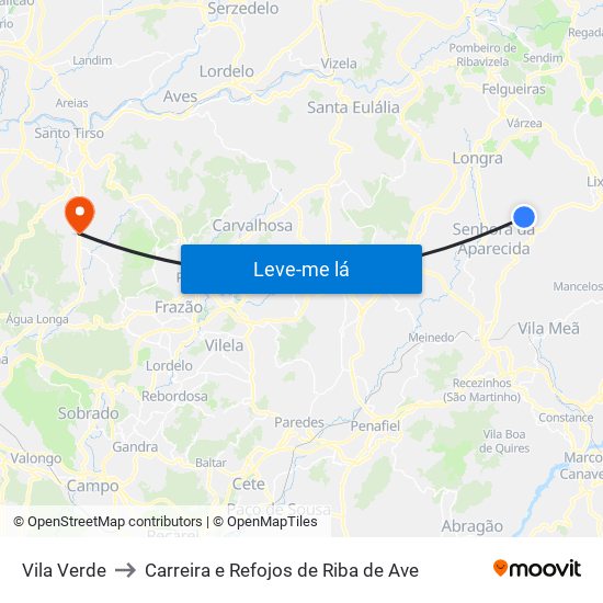 Vila Verde to Carreira e Refojos de Riba de Ave map