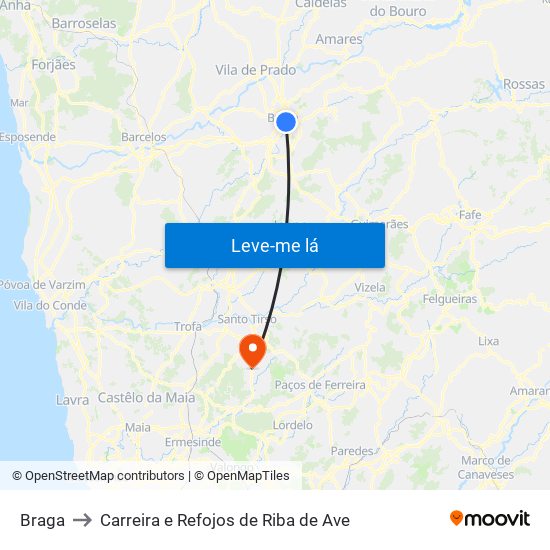 Braga to Carreira e Refojos de Riba de Ave map