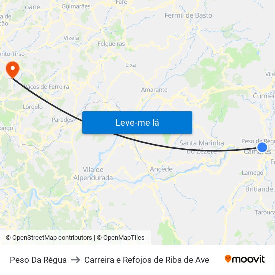 Peso Da Régua to Carreira e Refojos de Riba de Ave map