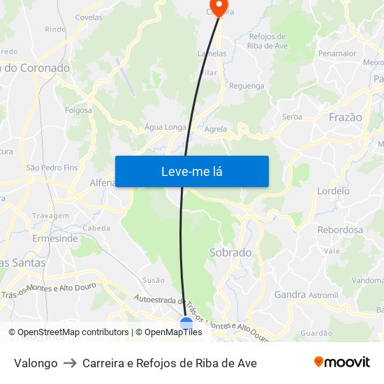 Valongo to Carreira e Refojos de Riba de Ave map