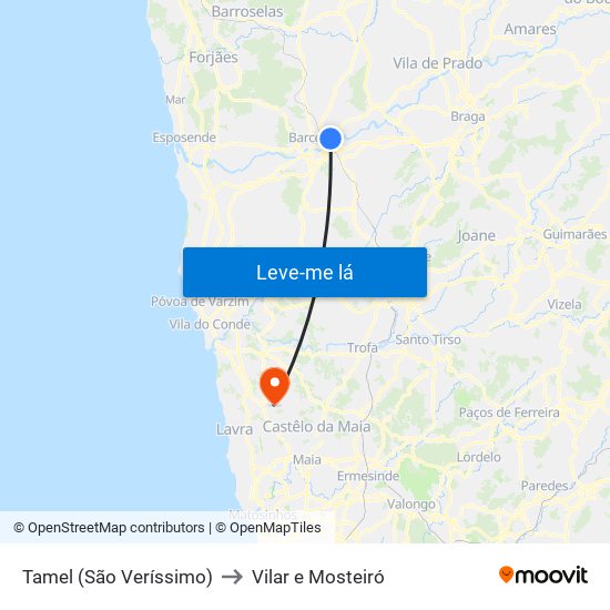 Tamel (São Veríssimo) to Vilar e Mosteiró map