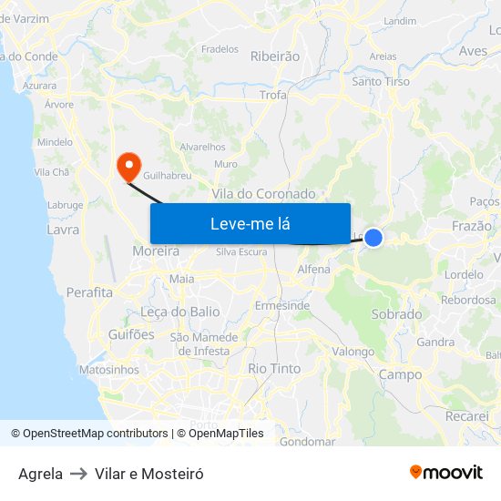 Agrela to Vilar e Mosteiró map