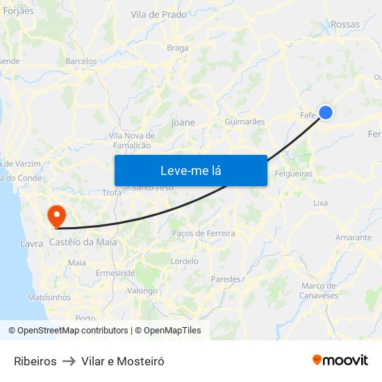Ribeiros to Vilar e Mosteiró map