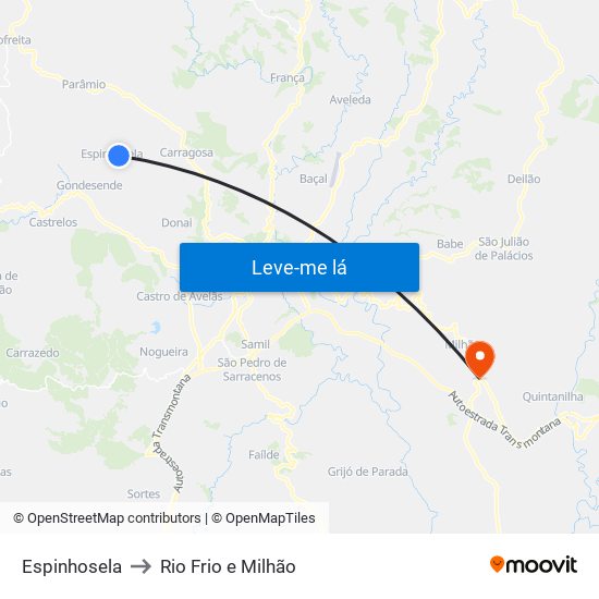 Espinhosela to Rio Frio e Milhão map