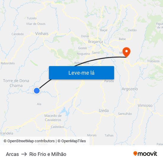 Arcas to Rio Frio e Milhão map